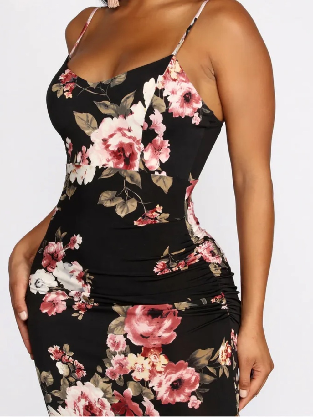 Windsor Black Maxi Slip Dress with Pink Floral Print and Side Slit - Picture 2 of 4